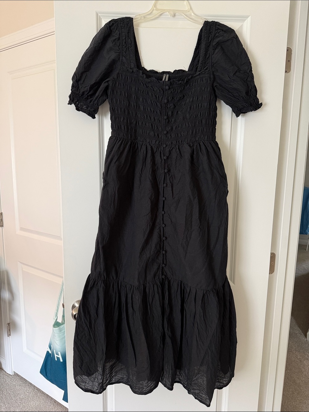 Black Anthropologie Puff Sleeve Smocked Midi Dress